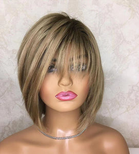 Hot sale top quality natural human hair golden balayage lace front medical wig pixie cut silk top wigs