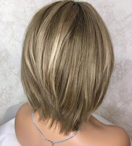 Hot sale top quality natural human hair golden balayage lace front medical wig pixie cut silk top wigs